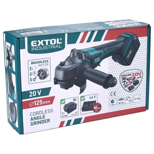Bruska úhlová aku share20v, 125mm, brushless, 20v li-ion, 4ah EXTOL INDUSTRIAL 8791842