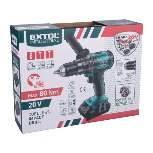 Vrtací šroubovák aku s příklepem share20v, brushless, 20v li-ion, 2ah EXTOL INDUSTRIAL 8791802