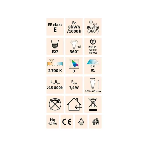 Žárovka led 360°, 1000lm, 8w, e27, teplá bílá EXTOL LIGHT 43041