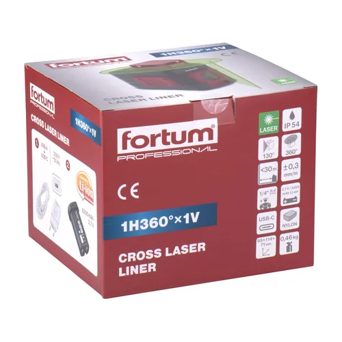 Laser zelený liniový, křížový samonivelační, 1h360°x 1v FORTUM 4780209