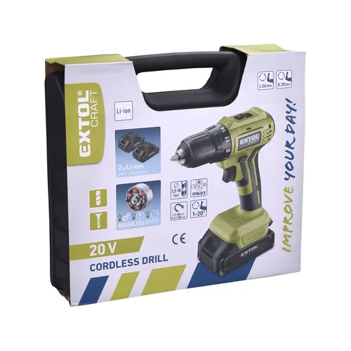 Vrtací šroubovák aku, brushless, 20v li-ion, 2×2ah EXTOL CRAFT 402450