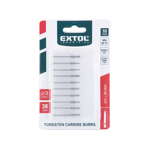 Frézy mini, karbidové, sada 10ks, ⌀3mm, sek střední (double-cut) EXTOL INDUSTRIAL 8703800