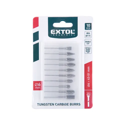 Frézy karbidové, sada 10ks, ⌀6x13mm, ⌀stopky 3mm, sek střední (double-cut) EXTOL INDUSTRIAL 8703810