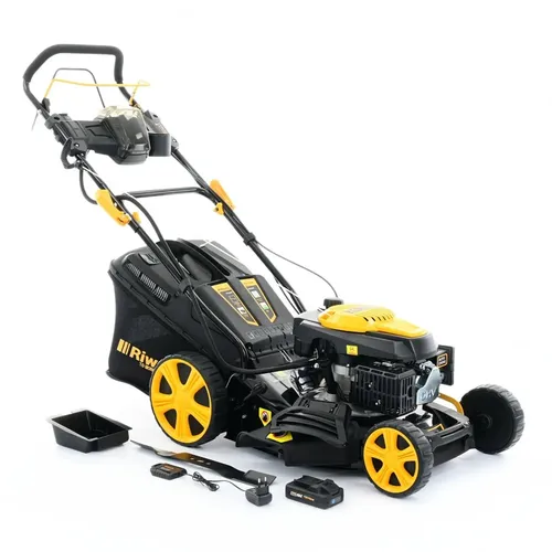 Riwall PRO RPM 4735 E multifunkční travní sekačka 4 v 1 s benzinovým motorem, pojezdem a elektrostartem