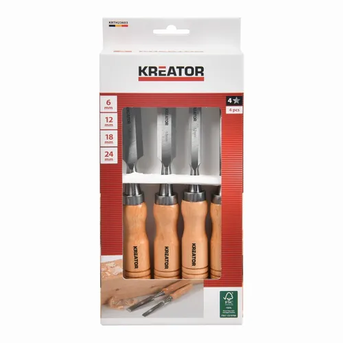 Dláta na dřevo sada 6, 12, 18, 24mm 4ks dřevěná rukojeť Kreator KRTH23603