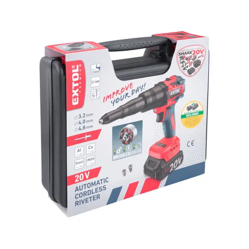 Pistole nýtovací aku share20v, brushless, 2ah EXTOL PREMIUM 8891868
