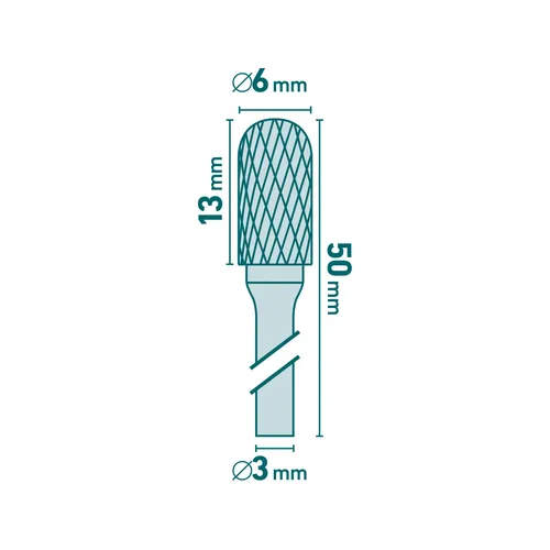 Fréza karbidová, válcová s kulovým čelem, ⌀6x13mm, ⌀stopky 3mm, sek střední (double-cut) EXTOL INDUSTRIAL 8703823