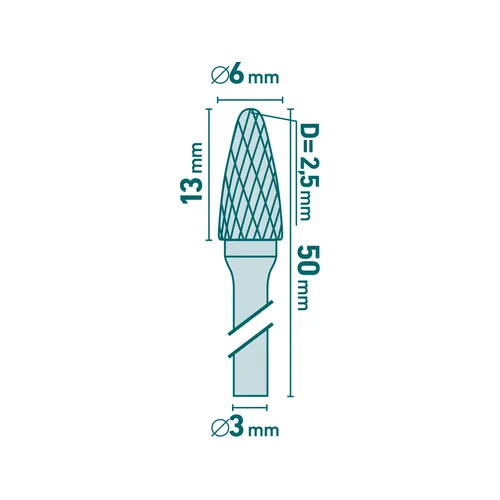 Fréza karbidová, kulatý oblouk, ⌀6x13mm, ⌀stopky 3mm, sek střední (double-cut) EXTOL INDUSTRIAL 8703853