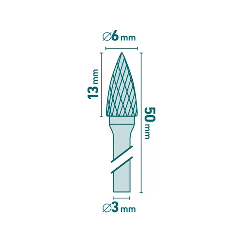 Fréza karbidová, ostrý oblouk, ⌀6x13mm, ⌀stopky 3mm, sek střední (double-cut) EXTOL INDUSTRIAL 8703863