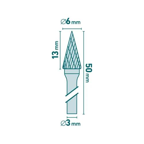 Fréza karbidová, konická-jehlan, ⌀6x13mm, ⌀stopky 3mm, sek střední (double-cut) EXTOL INDUSTRIAL 8703893