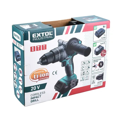 Vrtací šroubovák aku s příklepem share20v, brushless, 20v li-ion, 2ah EXTOL INDUSTRIAL 8791800