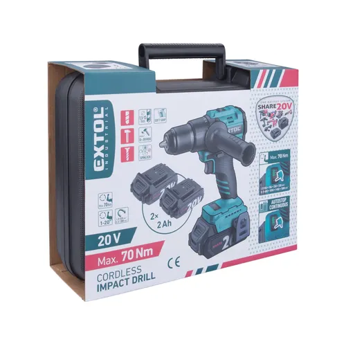 Vrtací šroubovák aku s příklepem share20v, 70nm, brushless, 2ah (2×) EXTOL INDUSTRIAL 8791804