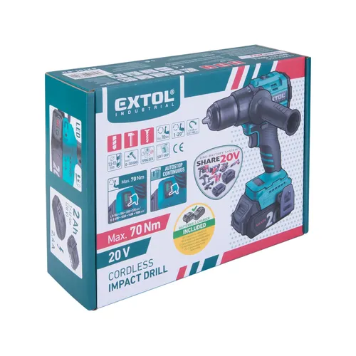 Vrtací šroubovák aku s příklepem share20v, 70nm, brushless, 2ah EXTOL INDUSTRIAL 8791806