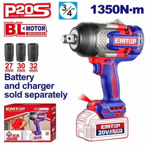 Emtop Aku rázový utahovák 20V 1350Nm 3/4" solo