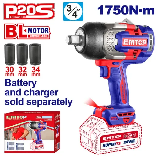 Emtop Aku rázový utahovák 20V 1750Nm 3/4" solo