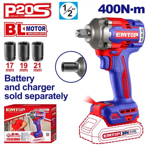 Emtop Aku rázový utahovák 20V 400Nm 1/2" solo