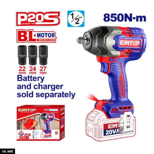 Emtop Aku rázový utahovák 20V 850Nm 1/2" solo