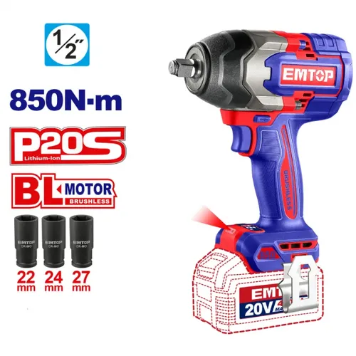 Emtop Aku rázový utahovák 20V 850Nm 1/2" solo