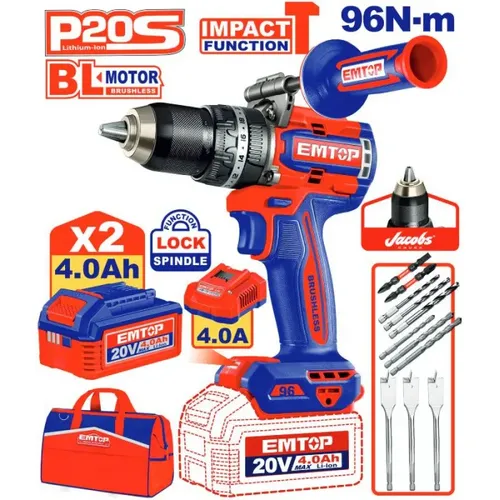 Emtop Aku vrtací šroubovák s příklepem 20V 96Nm 2x4.0Ah