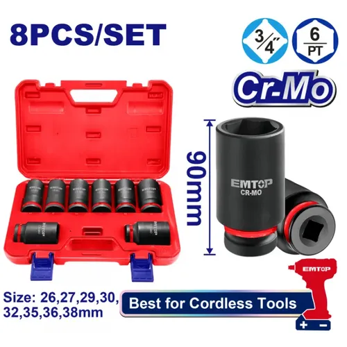 Emtop Sada 8 ks prodloužených rázových nástrčných hlavic 3/4" L-90 mm
