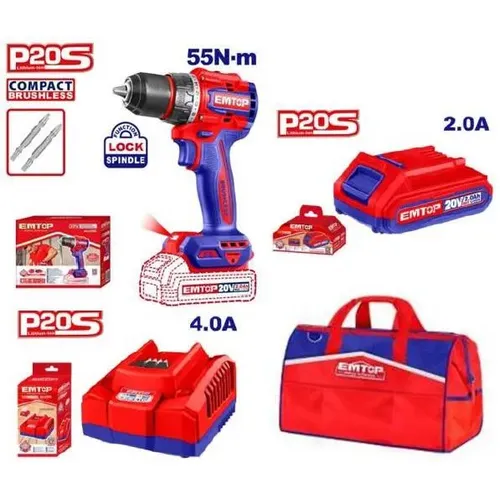 EMTOP aku set, vrtací šroubovák 20V 55Nm, akumulátor 2.0Ah, nabíječka 4A, taška