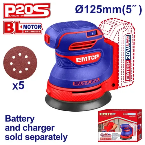 Emtop Aku excentrická bruska 20V 125mm solo