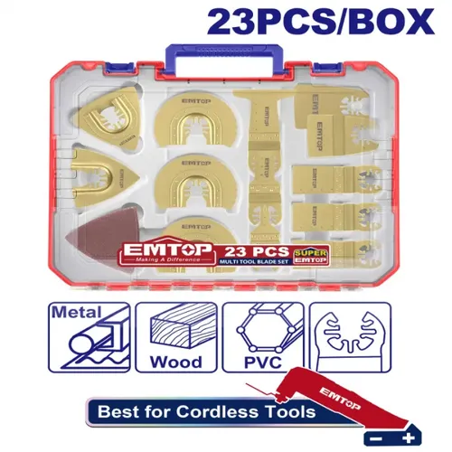 Emtop Sada 23 čepelí pro multifunkční oscilační brusku v plastovém boxu