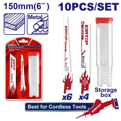 Emtop Sada 10ks pilových listů pro pilu ocasku 150mm na dřevo, kov, plast