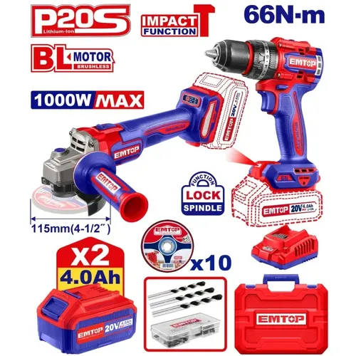 Emtop SADA Vrtací šroubovák s příklepem 66Nm a úhlová bruska 115mm AKU 20V 2x4Ah