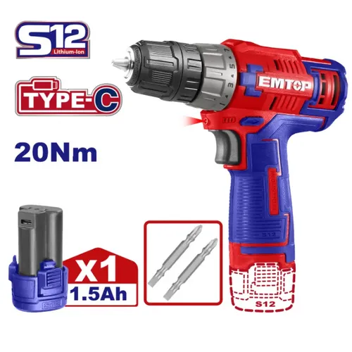 Emtop Aku vrtací šroubovák 12V 20Nm 1x1.5Ah