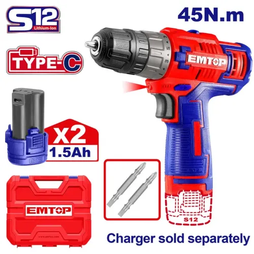 Emtop Aku vrtací šroubovák 12V 20Nm 2x1.5Ah