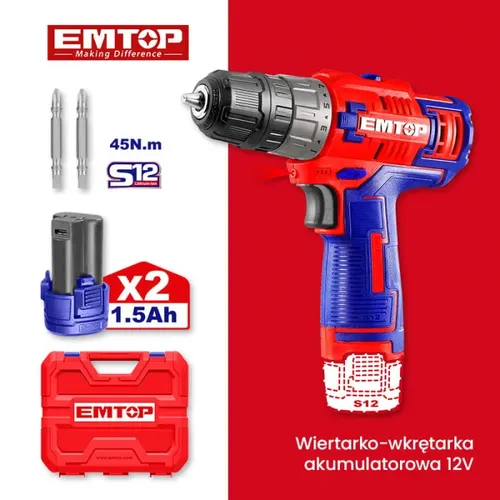 Emtop Aku vrtací šroubovák 12V 20Nm 2x1.5Ah