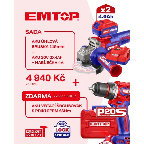 Emtop SADA Vrtací šroubovák s příklepem 66Nm a úhlová bruska 115mm AKU 20V 2x4Ah