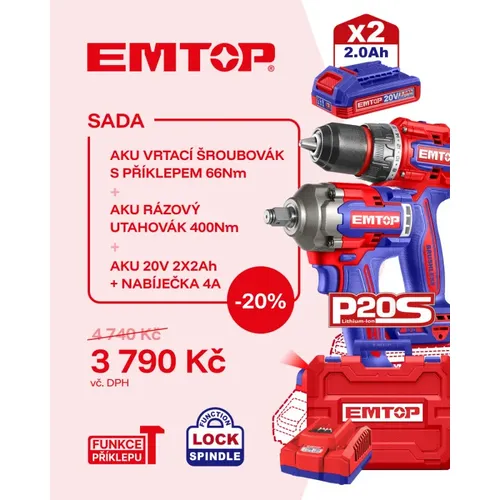 Emtop SADA Vrtací šroubovák s příklepem 66Nm a rázový utahovák 400Nm AKU 2x4Ah