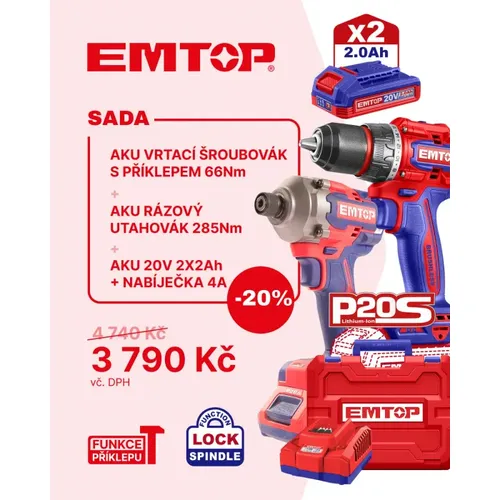 Emtop SADA Vrtací šroubovák s příklepem 66Nm a rázový utahovák 285Nm AKU 2x4Ah