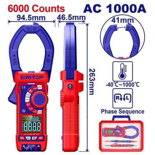 Emtop Digitální klešťový multimetr AC 1000A RMS 6000