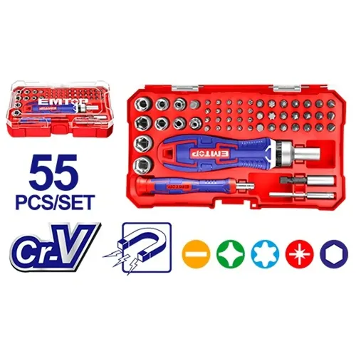 Emtop Sada bitů a hlavic s ráčnovým šroubovákem 55 ks