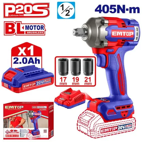 Emtop Aku rázový utahovák 20V 405Nm 1/2" 1x2.0Ah