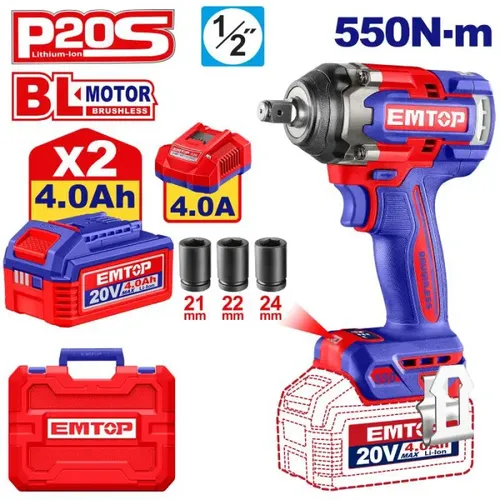 Emtop Aku rázový utahovák 20V 550Nm 1/2" 2x4.0Ah