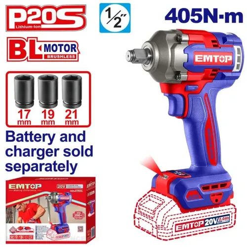 Emtop Aku rázový utahovák 20V 405Nm 1/2" solo