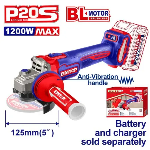 Emtop Aku úhlová bruska 20V 125 mm (1200W) solo