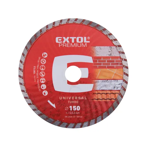 Zrušeno! nahrazeno výrobkem 8803053, kotouč diamantový řezný, turbo - suché i mokré řezání, o 150x22,2x2,3mm EXTOL PREMIUM 108753