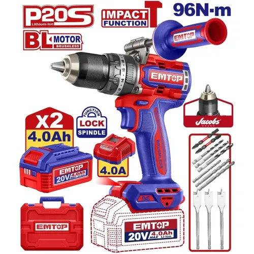 Emtop Aku vrtací šroubovák s příklepem 20V 96Nm 2x4.0Ah