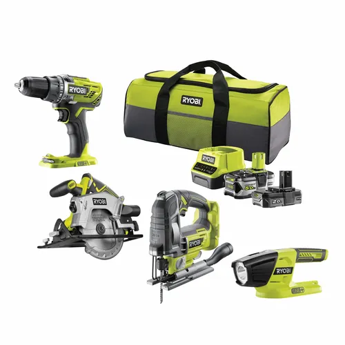 RYOBI R18CK4A-252S aku 18 V set (R18DD3 + RWSL1801 + R18JS + R18T + 1 x 5,0 Ah + 1 x 2 Ah baterie + nabíječka)