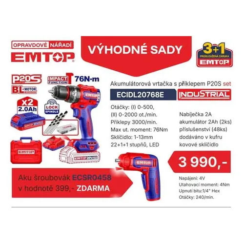 Emtop Aku vrtací šroubovák s příklepem 20V 76Nm set s aku úhlovým šroubovákem 4V zdarma