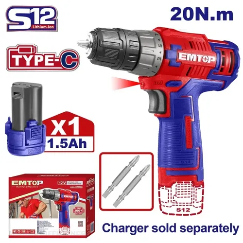 Emtop Aku vrtací šroubovák 12V 20Nm 1x1.5Ah