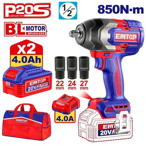 Emtop Aku rázový utahovák 20V 850Nm 1/2" 2x5.0Ah v tašce