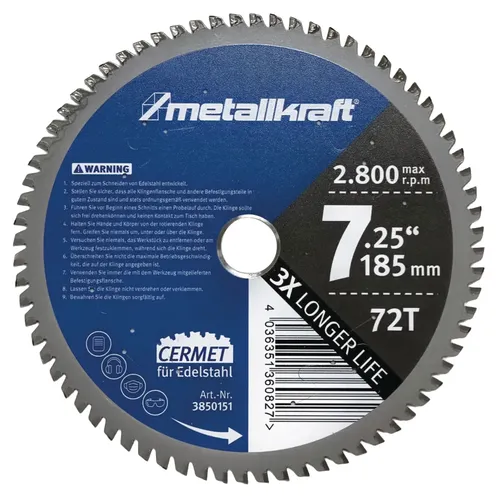 Pilový kotouč na nerezovou ocel Ø 185 x 1,8/1,4 x 22 mm Z72 3850151 Metallkraft