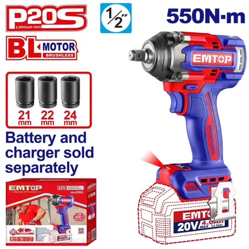 Emtop Aku rázový utahovák 20V 550Nm 1/2" solo