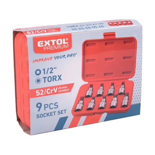 Hlavice zástrčné torx, sada 9ks, 1/2" (e20-e60), crv/s2 EXTOL PREMIUM 8818124